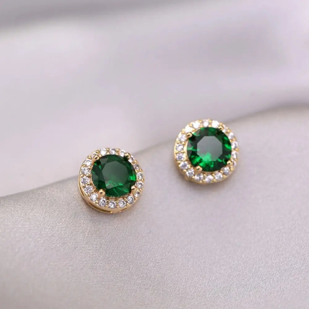 Luxury Emerald Zircon Round Pendant Necklace Earrings Set Stainless Steel Neck Chain Valentine's Day Jewelry Gifts Set Fashion