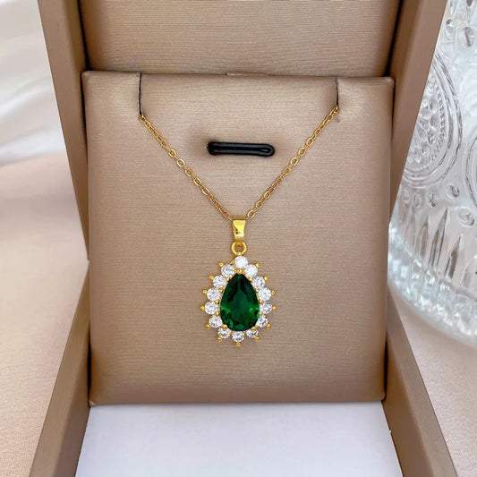 OIMG Stainless Steel Fashion Big Emerald Gemstone Geometric Necklace wedding jewelry Engagement Pendant Necklaces For Women
