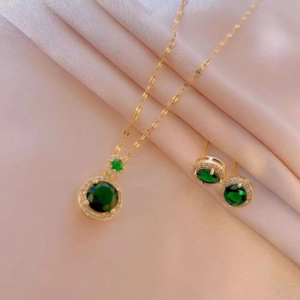 Luxury Emerald Zircon Round Pendant Necklace Earrings Set Stainless Steel Neck Chain Valentine's Day Jewelry Gifts Set Fashion