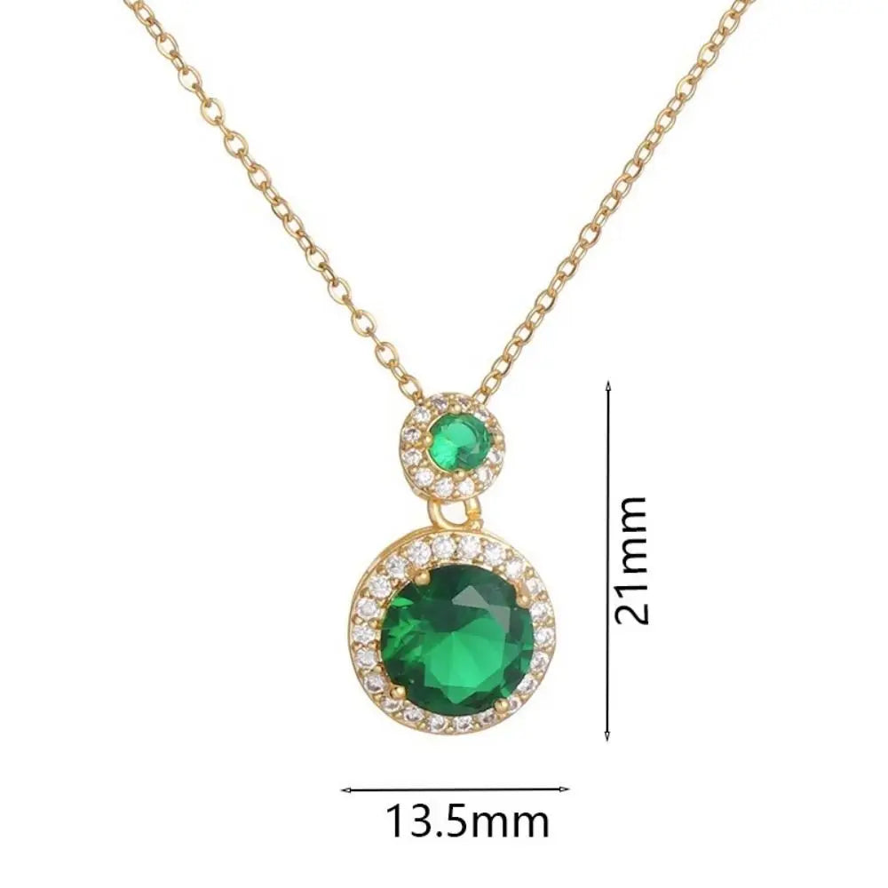 Luxury Emerald Zircon Round Pendant Necklace Earrings Set Stainless Steel Neck Chain Valentine's Day Jewelry Gifts Set Fashion