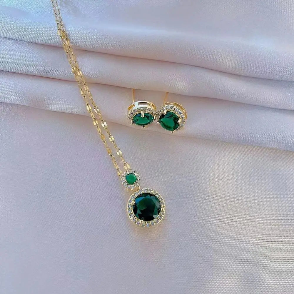 Luxury Emerald Zircon Round Pendant Necklace Earrings Set Stainless Steel Neck Chain Valentine's Day Jewelry Gifts Set Fashion