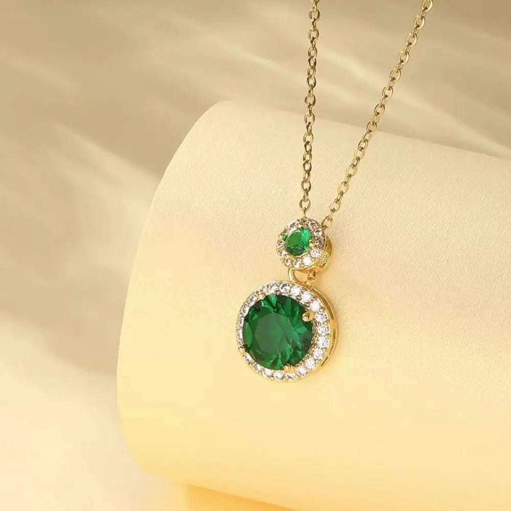 Luxury Emerald Zircon Round Pendant Necklace Earrings Set Stainless Steel Neck Chain Valentine's Day Jewelry Gifts Set Fashion