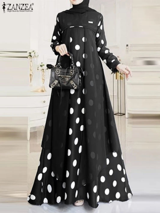 ZANZEA Full Sleeve O-Neck Printed Sundress Women Polka Dots Muslim DressBohemian Casual Loose Elegant Robe Turkey Abaya Vestido